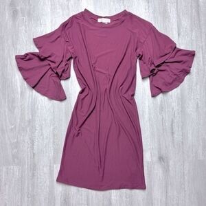 Women's Size M NWT Burgundy Red 3/4 Ruffle Flutter Bell Sleeve Dress New